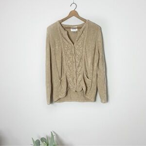 Vintage Women's Tan Chenille Embroidered Floral  Button Down Cardigan Sweater